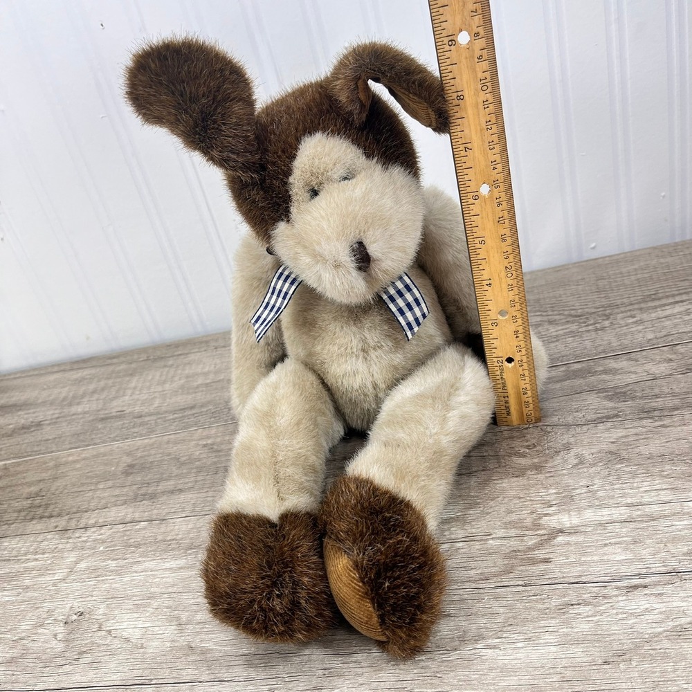 Russ Berrie Sandy Plush Dog Brown Tan Spotted Stuffed Animal Gingham Bow 10" - Picture 2 of 7
